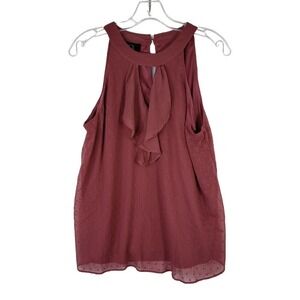 BCX Ruffle Halter Top Sz M Sleeveless Blouse Mauve Swiss Dot Casual Office Shirt